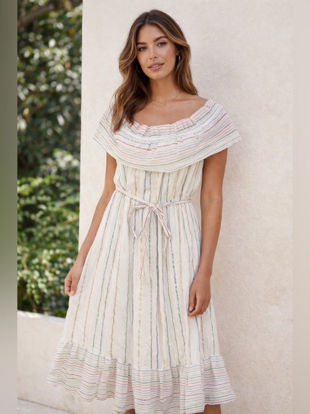 A La Plage Striped Off Shoulder Midi Dress Pastel Tie Waist Size Medium